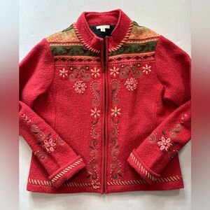 Carson‎ Jacket Womens Medium orange/ coral Wool Boiled Vtg Coat Artsy Embroidery